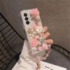 For Samsung Galaxy Z Fold4 5G Case Faux Pearl Decor Rhinestone Flower Hard PC Phone Cover with Bracelet
