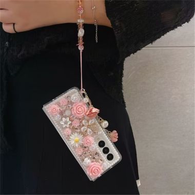 For Samsung Galaxy Z Fold4 5G Case Faux Pearl Decor Rhinestone Flower Hard PC Phone Cover with Bracelet