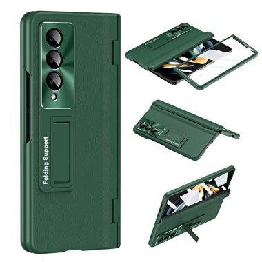 For Samsung Galaxy Z Fold4 5G Hinge Protection Phone Case PU Leather Coated PC Kickstand Cover with Tempered Glass Film