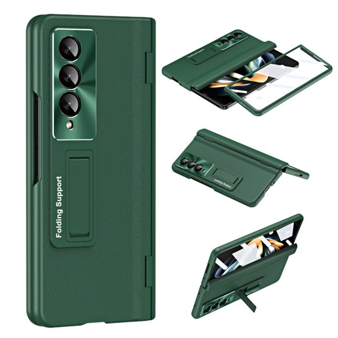 For Samsung Galaxy Z Fold4 5G Hinge Protection Phone Case PU Leather Coated PC Kickstand Cover with Tempered Glass Film
