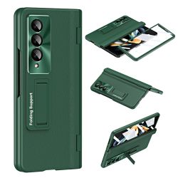 For Samsung Galaxy Z Fold4 5G Hinge Protection Phone Case PU Leather Coated PC Kickstand Cover with Tempered Glass Film