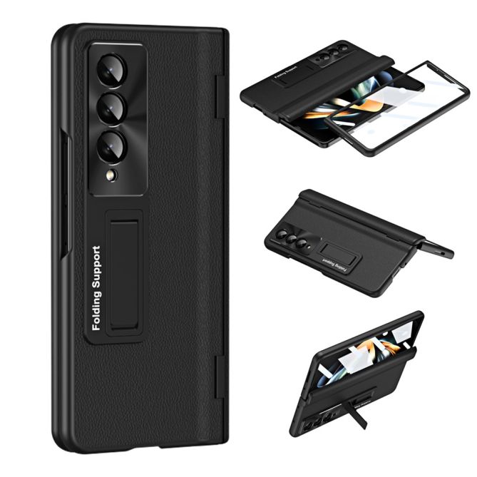 For Samsung Galaxy Z Fold4 5G Hinge Protection Phone Case PU Leather Coated PC Kickstand Cover with Tempered Glass Film