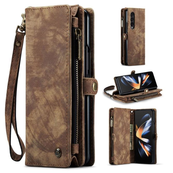 CASEME 008 Series for Samsung Galaxy Z Fold4 5G Detachable Magnetic Zipper Wallet Case PU Leather Stand Flip Multi-Functional Ph