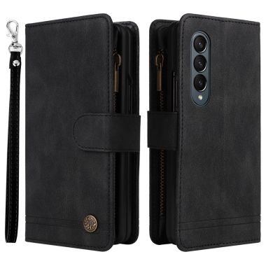 For Samsung Galaxy Z Fold4 5G Shockproof Zipper Pocket Phone Case Imprinted Skin-touch Wallet Stand PU Leather Cell Phone Cover 