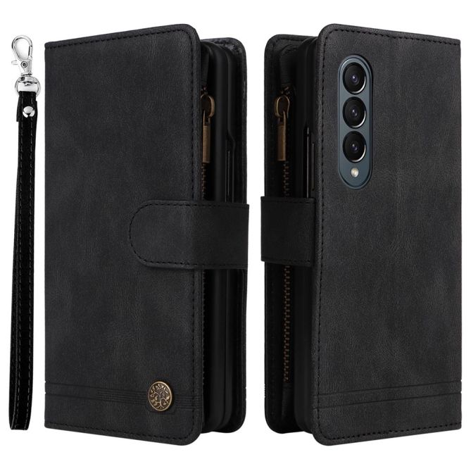 For Samsung Galaxy Z Fold4 5G Shockproof Zipper Pocket Phone Case Imprinted Skin-touch Wallet Stand PU Leather Cell Phone Cover 