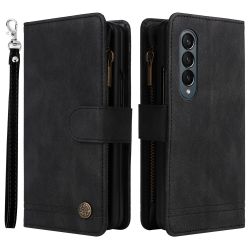 For Samsung Galaxy Z Fold4 5G Shockproof Zipper Pocket Phone Case Imprinted Skin-touch Wallet Stand PU Leather Cell Phone Cover 