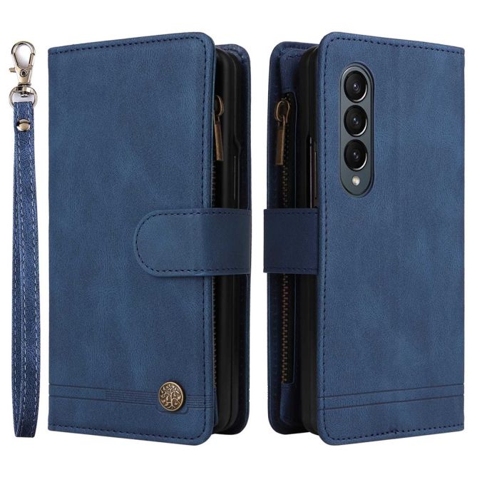 For Samsung Galaxy Z Fold4 5G Shockproof Zipper Pocket Phone Case Imprinted Skin-touch Wallet Stand PU Leather Cell Phone Cover 