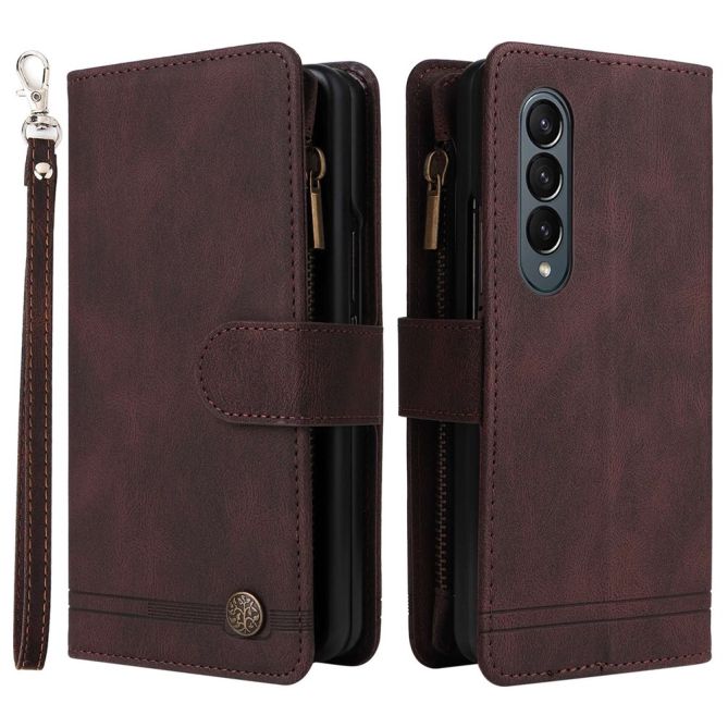 For Samsung Galaxy Z Fold4 5G Shockproof Zipper Pocket Phone Case Imprinted Skin-touch Wallet Stand PU Leather Cell Phone Cover 