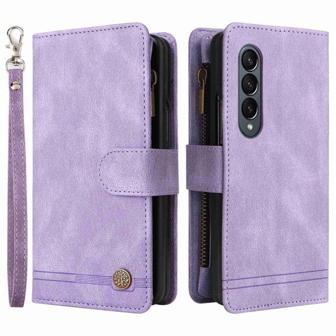 For Samsung Galaxy Z Fold4 5G Shockproof Zipper Pocket Phone Case Imprinted Skin-touch Wallet Stand PU Leather Cell Phone Cover 