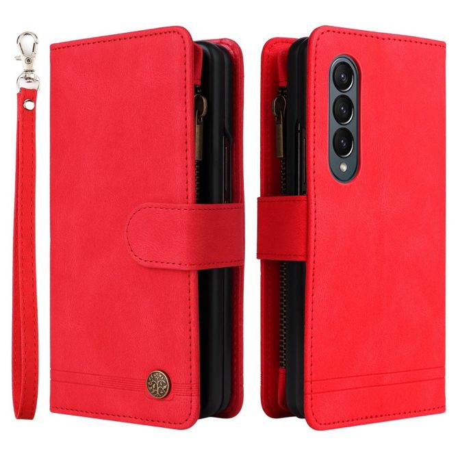 For Samsung Galaxy Z Fold4 5G Shockproof Zipper Pocket Phone Case Imprinted Skin-touch Wallet Stand PU Leather Cell Phone Cover 