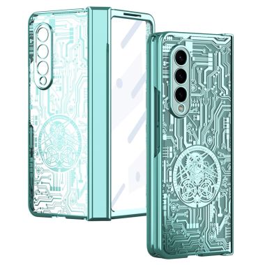 For Samsung Galaxy Z Fold4 5G Mechanical Legend Series Electroplating Phone Case Hard PC Shockproof Cover with Tempered Glass Fi