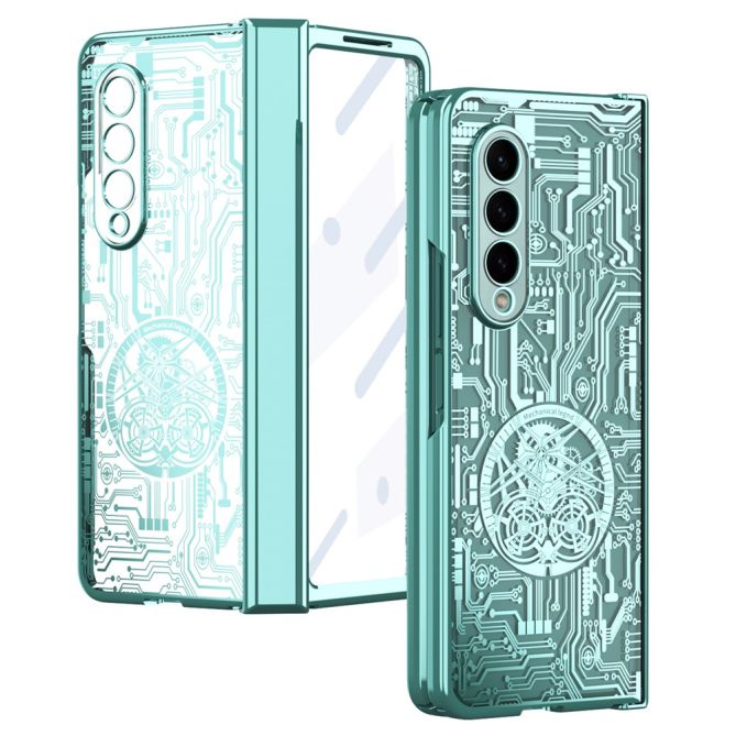 For Samsung Galaxy Z Fold4 5G Mechanical Legend Series Electroplating Phone Case Hard PC Shockproof Cover with Tempered Glass Fi