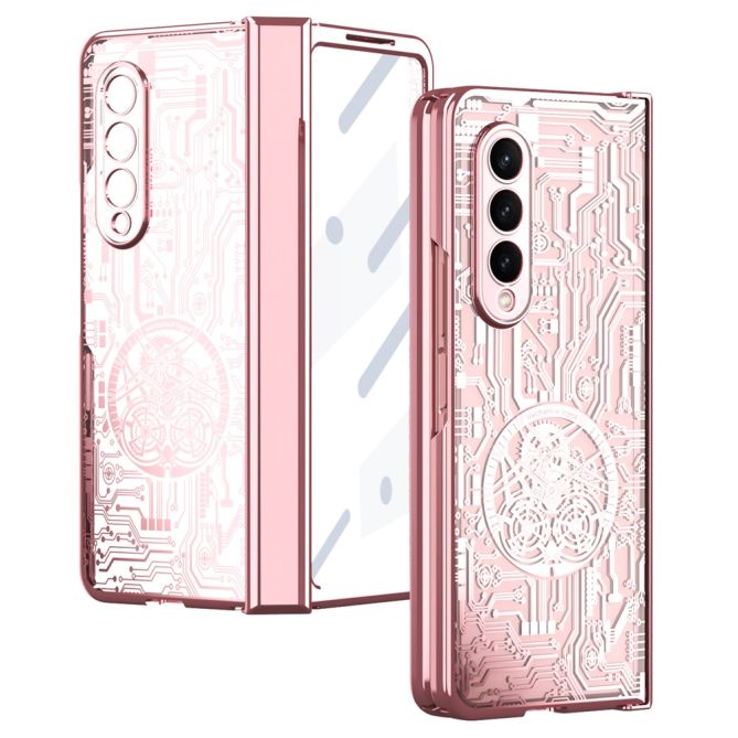 For Samsung Galaxy Z Fold4 5G Mechanical Legend Series Electroplating Phone Case Hard PC Shockproof Cover with Tempered Glass Fi