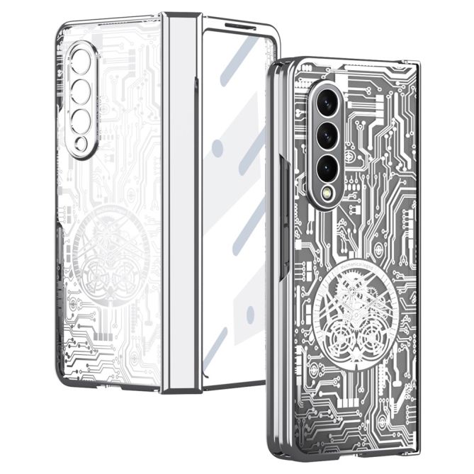 For Samsung Galaxy Z Fold4 5G Mechanical Legend Series Electroplating Phone Case Hard PC Shockproof Cover with Tempered Glass Fi