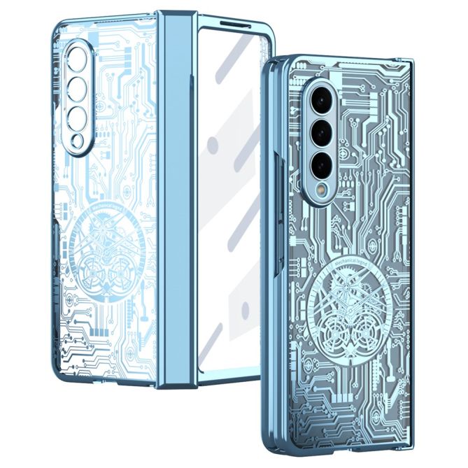 For Samsung Galaxy Z Fold4 5G Mechanical Legend Series Electroplating Phone Case Hard PC Shockproof Cover with Tempered Glass Fi