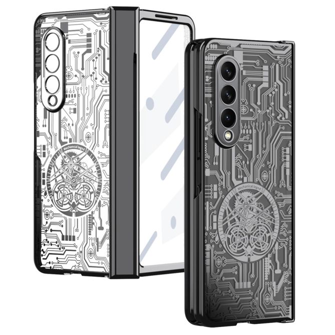 For Samsung Galaxy Z Fold4 5G Mechanical Legend Series Electroplating Phone Case Hard PC Shockproof Cover with Tempered Glass Fi