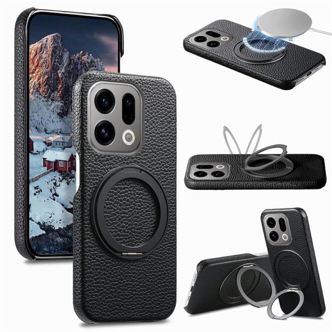 For Oppo Find X9 5G Magnetic Case PC PU Phone Cover with 360 Rotating Ring Kickstand
