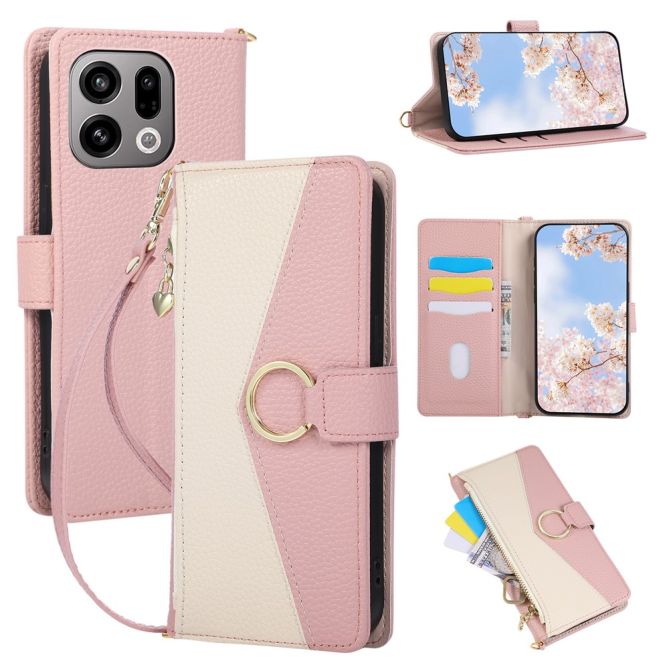 For Oppo Find X9 5G Wallet Case Triangular Splicing Zipper Leather Flip Cover with Wrist Strap