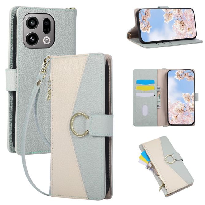 For Oppo Find X9 5G Wallet Case Triangular Splicing Zipper Leather Flip Cover with Wrist Strap