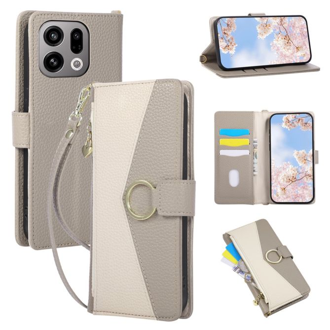 For Oppo Find X9 5G Wallet Case Triangular Splicing Zipper Leather Flip Cover with Wrist Strap