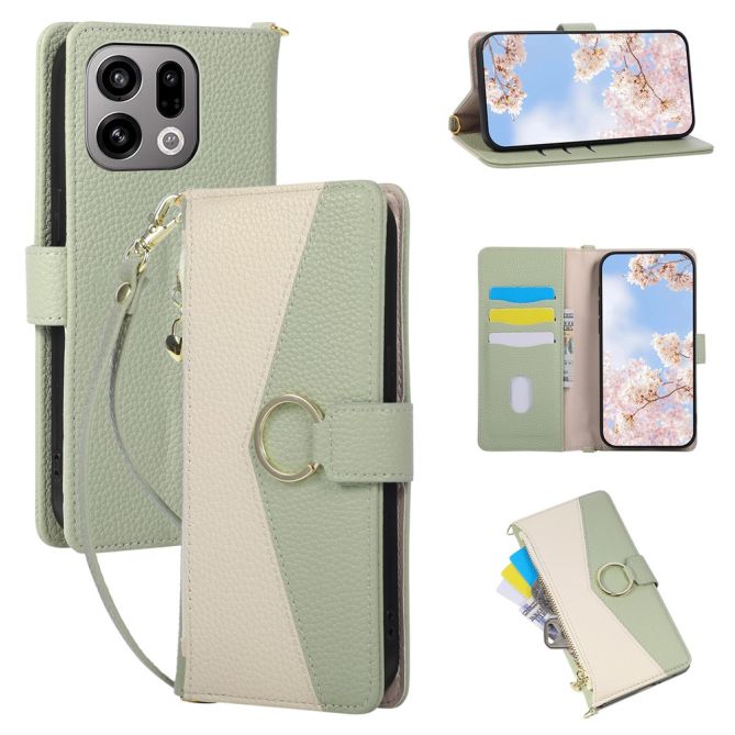 For Oppo Find X9 5G Wallet Case Triangular Splicing Zipper Leather Flip Cover with Wrist Strap