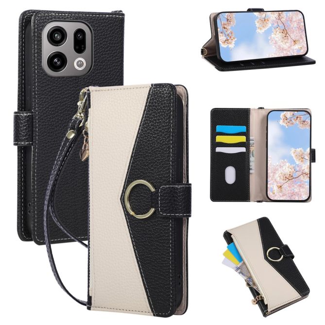 For Oppo Find X9 5G Wallet Case Triangular Splicing Zipper Leather Flip Cover with Wrist Strap