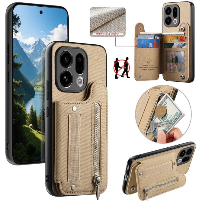 For Oppo Find X9 5G Case RFID Blocking Card Holder Jeans Cloth Texture Leather Back Cover with Elastic Wristband