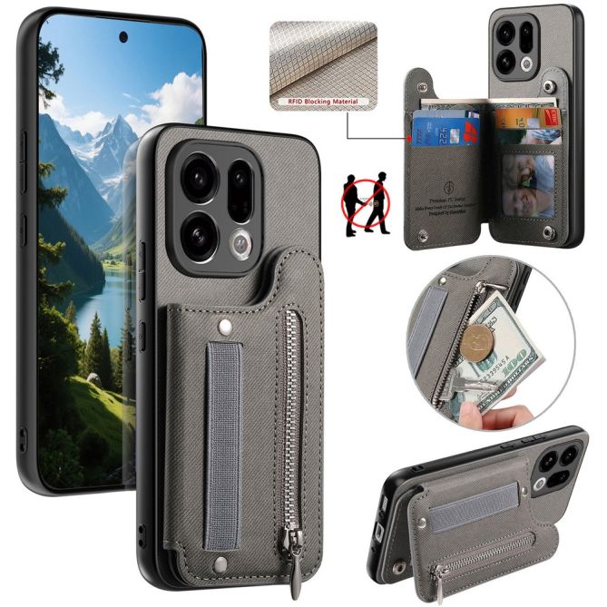 For Oppo Find X9 5G Case RFID Blocking Card Holder Jeans Cloth Texture Leather Back Cover with Elastic Wristband