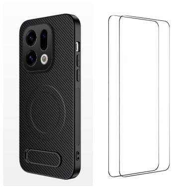 WANLONFENG For Oppo Find X9 5G Magnetic Case with 2Pcs Tempered Glass Films  QT1 Series Kickstand Carbon Fiber Texture PC TPU Ph