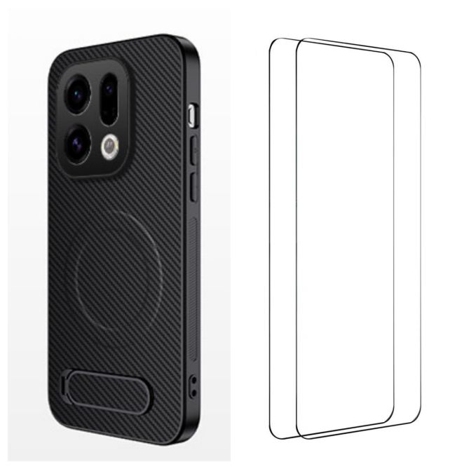WANLONFENG For Oppo Find X9 5G Magnetic Case with 2Pcs Tempered Glass Films  QT1 Series Kickstand Carbon Fiber Texture PC TPU Ph