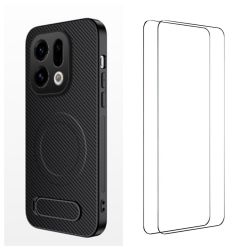 WANLONFENG For Oppo Find X9 5G Magnetic Case with 2Pcs Tempered Glass Films  QT1 Series Kickstand Carbon Fiber Texture PC TPU Ph