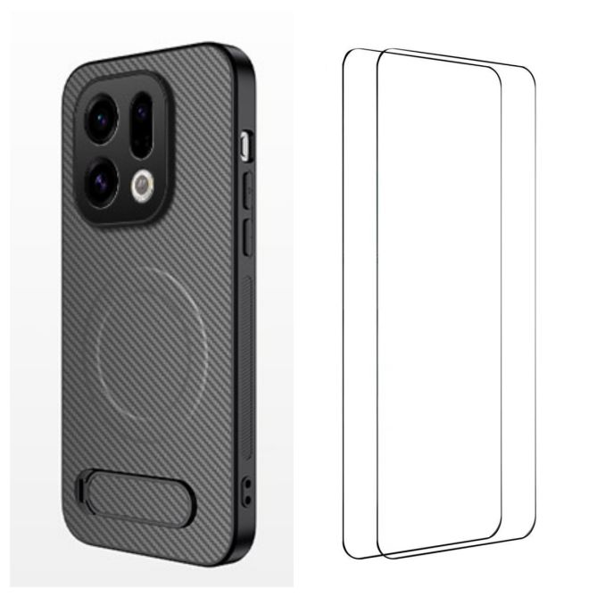 WANLONFENG For Oppo Find X9 5G Magnetic Case with 2Pcs Tempered Glass Films  QT1 Series Kickstand Carbon Fiber Texture PC TPU Ph