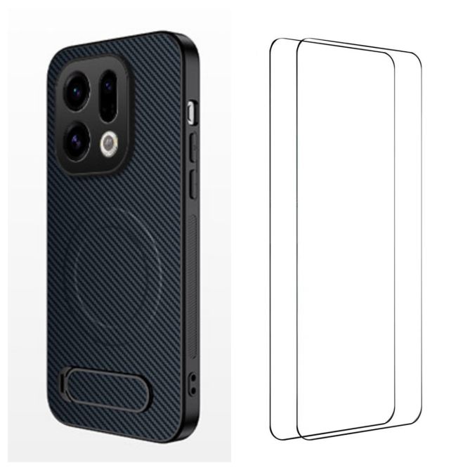 WANLONFENG For Oppo Find X9 5G Magnetic Case with 2Pcs Tempered Glass Films  QT1 Series Kickstand Carbon Fiber Texture PC TPU Ph