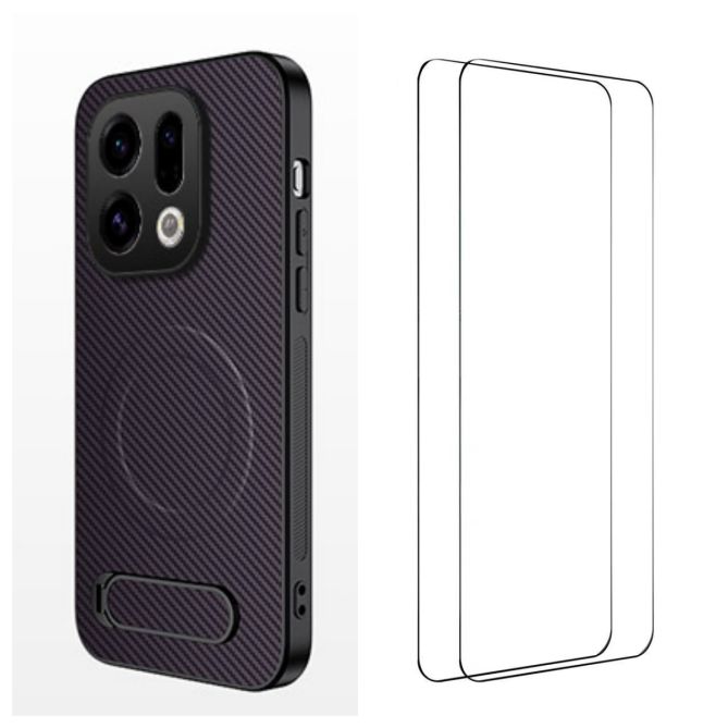 WANLONFENG For Oppo Find X9 5G Magnetic Case with 2Pcs Tempered Glass Films  QT1 Series Kickstand Carbon Fiber Texture PC TPU Ph