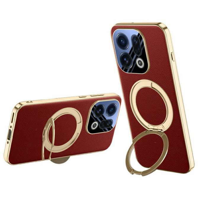For Oppo Find X9 5G Case Magnetic Rotating Kickstand Leather + PC + Acrylic Phone Cover with Tempered Glass Rear Screen Film