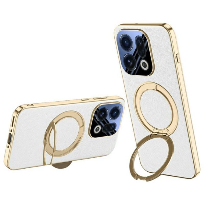 For Oppo Find X9 5G Case Magnetic Rotating Kickstand Leather + PC + Acrylic Phone Cover with Tempered Glass Rear Screen Film