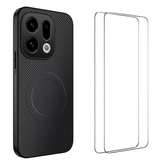 WANLONFENG For Oppo Find X9 5G Magnetic Case  TQ1 Series Carbon Fiber Texture PC TPU Phone Cover with 2Pcs Screen Films