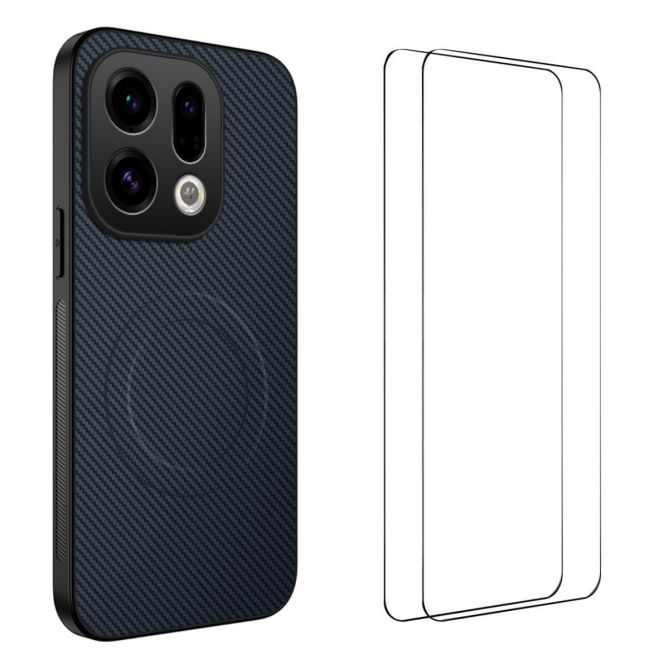 WANLONFENG For Oppo Find X9 5G Magnetic Case  TQ1 Series Carbon Fiber Texture PC TPU Phone Cover with 2Pcs Screen Films
