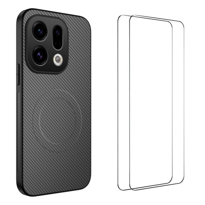 WANLONFENG For Oppo Find X9 5G Magnetic Case  TQ1 Series Carbon Fiber Texture PC TPU Phone Cover with 2Pcs Screen Films