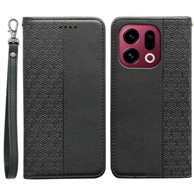 For Oppo Find X9 5G Wallet Phone Case Checkered Pattern Imprint Leather Flip Cover with Wrist Strap