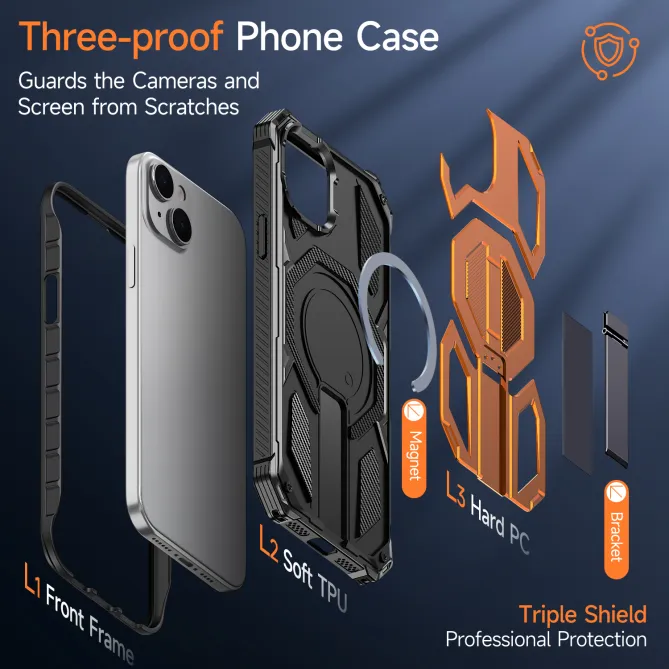 Coque iPhone 15 renforcée avec support pliable et anneau magnétique
