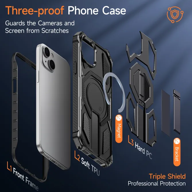 Coque iPhone 15 renforcée avec support pliable et anneau magnétique