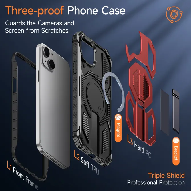 Coque iPhone 15 renforcée avec support pliable et anneau magnétique