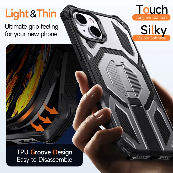 Coque iPhone 15 renforcée avec support pliable et anneau magnétique