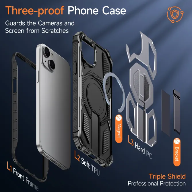 Coque iPhone 15 renforcée avec support pliable et anneau magnétique