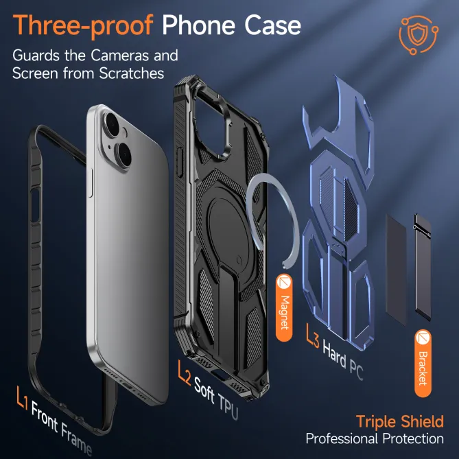 Coque iPhone 15 renforcée avec support pliable et anneau magnétique