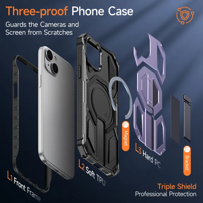 Coque iPhone 15 renforcée avec support pliable et anneau magnétique