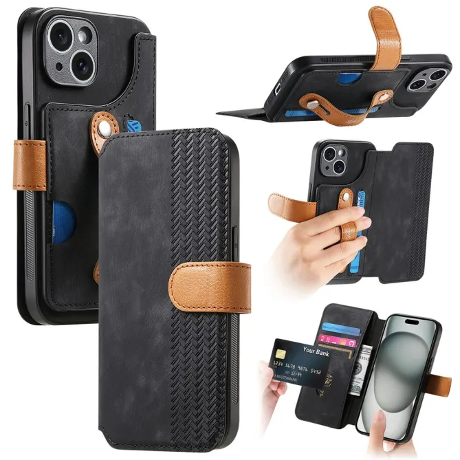 Housse iPhone 15 effet cuir tressé avec dragonne support