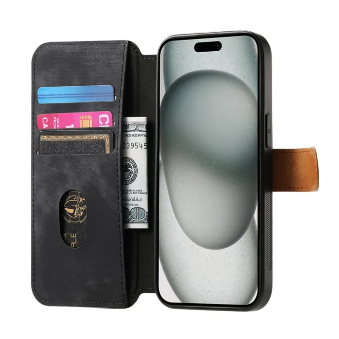 Housse iPhone 15 effet cuir tressé avec dragonne support