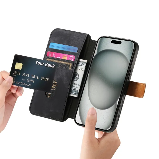 Housse iPhone 15 effet cuir tressé avec dragonne support